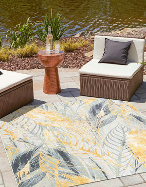 Gray Ivory Yellow 10' x 10' Outdoor Botanical Square Area Rug Weather Resistant for Patio, Deck, Terrace, Balcony, Porch Polypropylene Garden Floral Tropical Carpet for Sale at Rug Engine