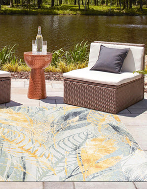 Gray Ivory Yellow 7' 10 x 7' 10 Outdoor Botanical Square Area Rug Weather Resistant for Patio, Deck, Terrace, Balcony, Porch Polypropylene Garden Floral Tropical Carpet for Sale at Rug Engine