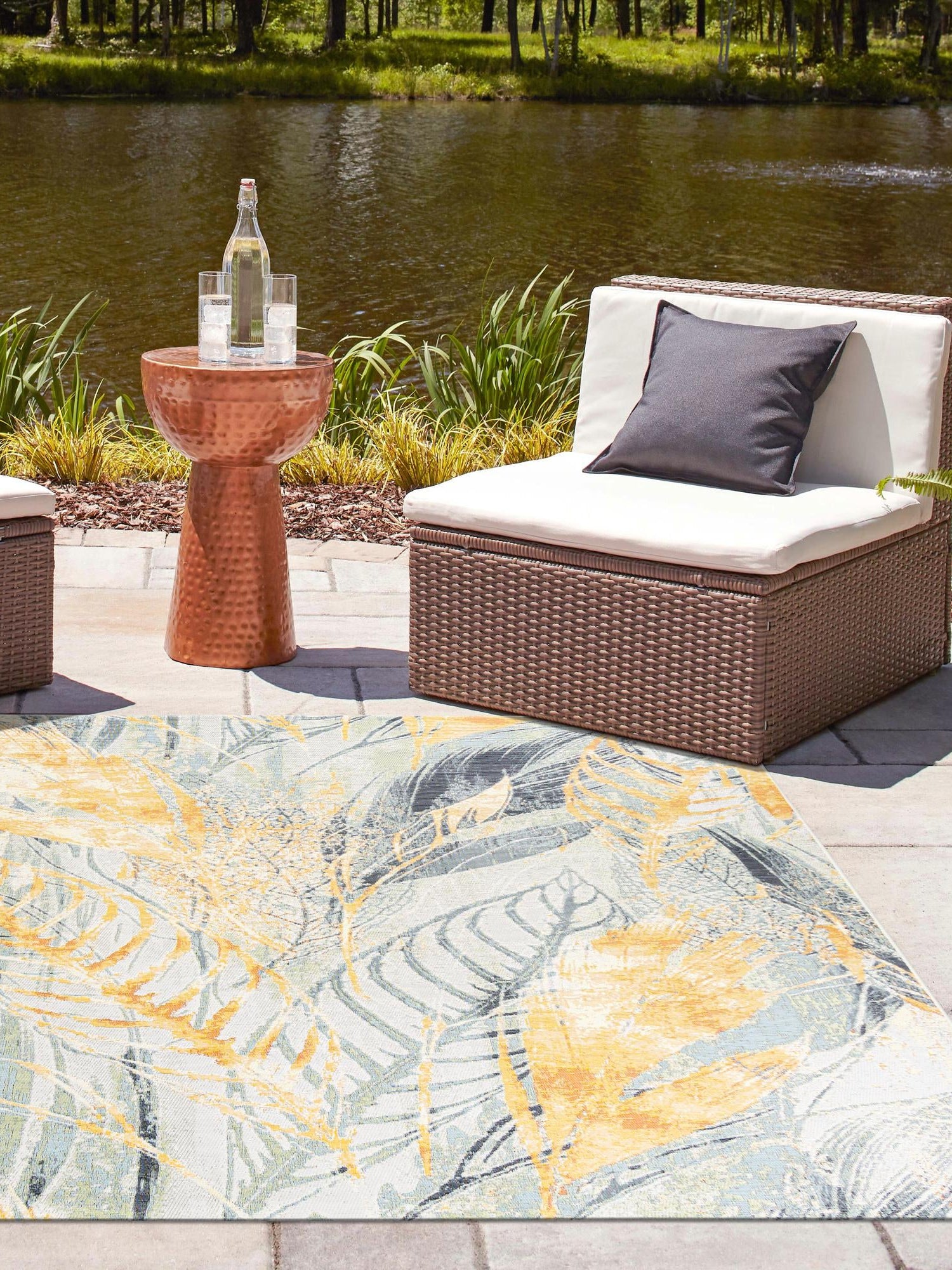 Gray Ivory Yellow 10' x 10' Outdoor Botanical Square Area Rug Weather Resistant for Patio, Deck, Terrace, Balcony, Porch Polypropylene Garden Floral Tropical Carpet for Sale at Rug Engine