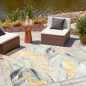 Gray Ivory Yellow 7' 10 x 7' 10 Outdoor Botanical Square Area Rug Weather Resistant for Patio, Deck, Terrace, Balcony, Porch Polypropylene Garden Floral Tropical Carpet for Sale at Rug Engine