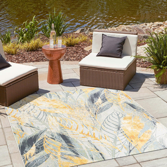 Gray Ivory Yellow 7' 10 x 7' 10 Outdoor Botanical Square Area Rug Weather Resistant for Patio, Deck, Terrace, Balcony, Porch Polypropylene Garden Floral Tropical Carpet for Sale at Rug Engine
