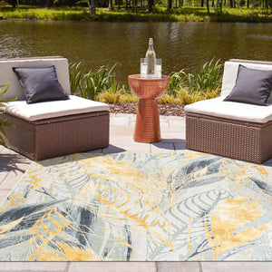 Gray Ivory Yellow 7' 10 x 7' 10 Outdoor Botanical Square Area Rug Weather Resistant for Patio, Deck, Terrace, Balcony, Porch Polypropylene Garden Floral Tropical Carpet for Sale at Rug Engine