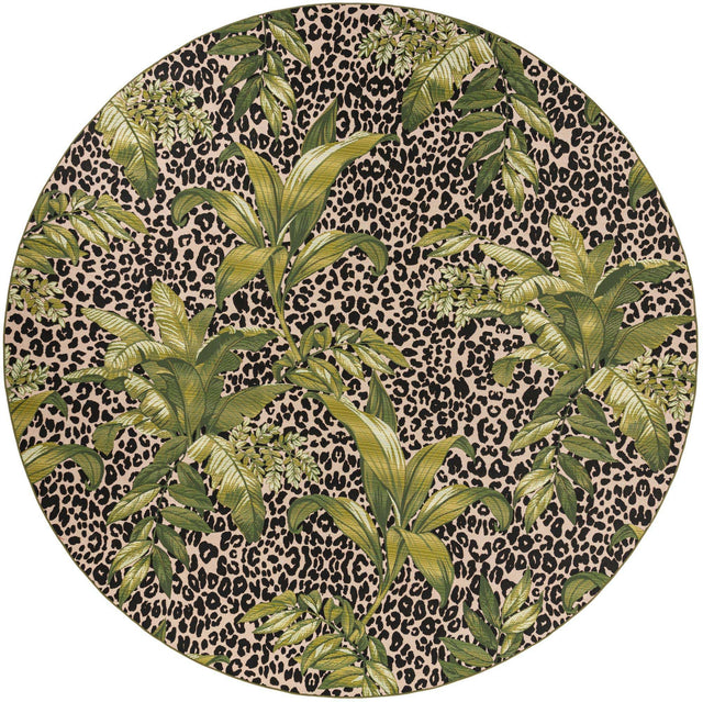 Green 12' x 12' Outdoor Botanical Round Area Rug Weather Resistant for Patio, Deck, Terrace, Balcony, Porch Polypropylene Garden Floral Tropical Carpet for Sale at Rug Engine