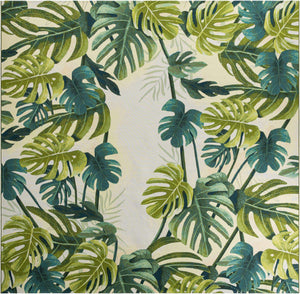 Green 12' x 12' Outdoor Botanical Square Area Rug Weather Resistant for Patio, Deck, Terrace, Balcony, Porch Polypropylene Garden Floral Tropical Carpet for Sale at Rug Engine