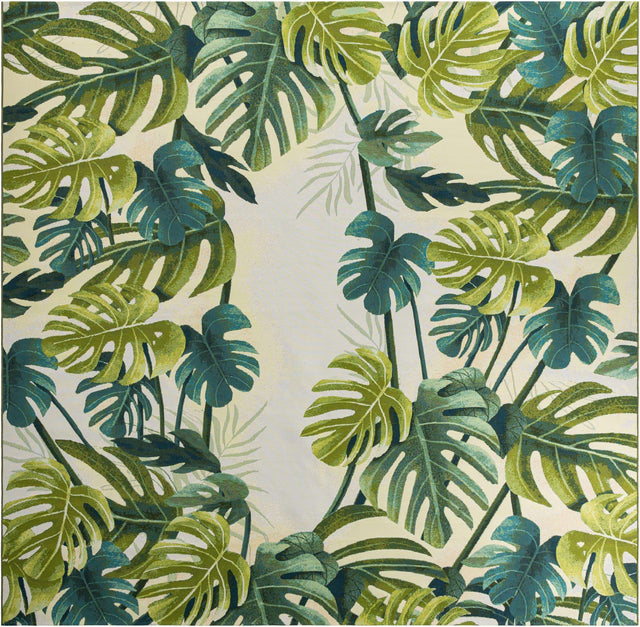 Green 12' x 12' Outdoor Botanical Square Area Rug Weather Resistant for Patio, Deck, Terrace, Balcony, Porch Polypropylene Garden Floral Tropical Carpet for Sale at Rug Engine