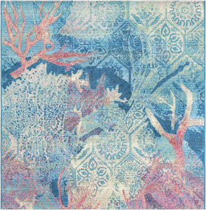 Multicolor 5' 3 x 5' 3 Outdoor Coastal Square Area Rug Weather Resistant for Patio, Deck, Terrace, Balcony, Porch 100% Polypropylene Coastal Decor Carpet for Sale at Rug Engine