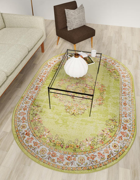Green 5' 3 x 8' Lucerne Oval Area Rug 100% Polypropylene Traditional Classic Easy Clean Carpet for Kitchens, Living Rooms, Bedroom, Office for Sale at Rug Engine