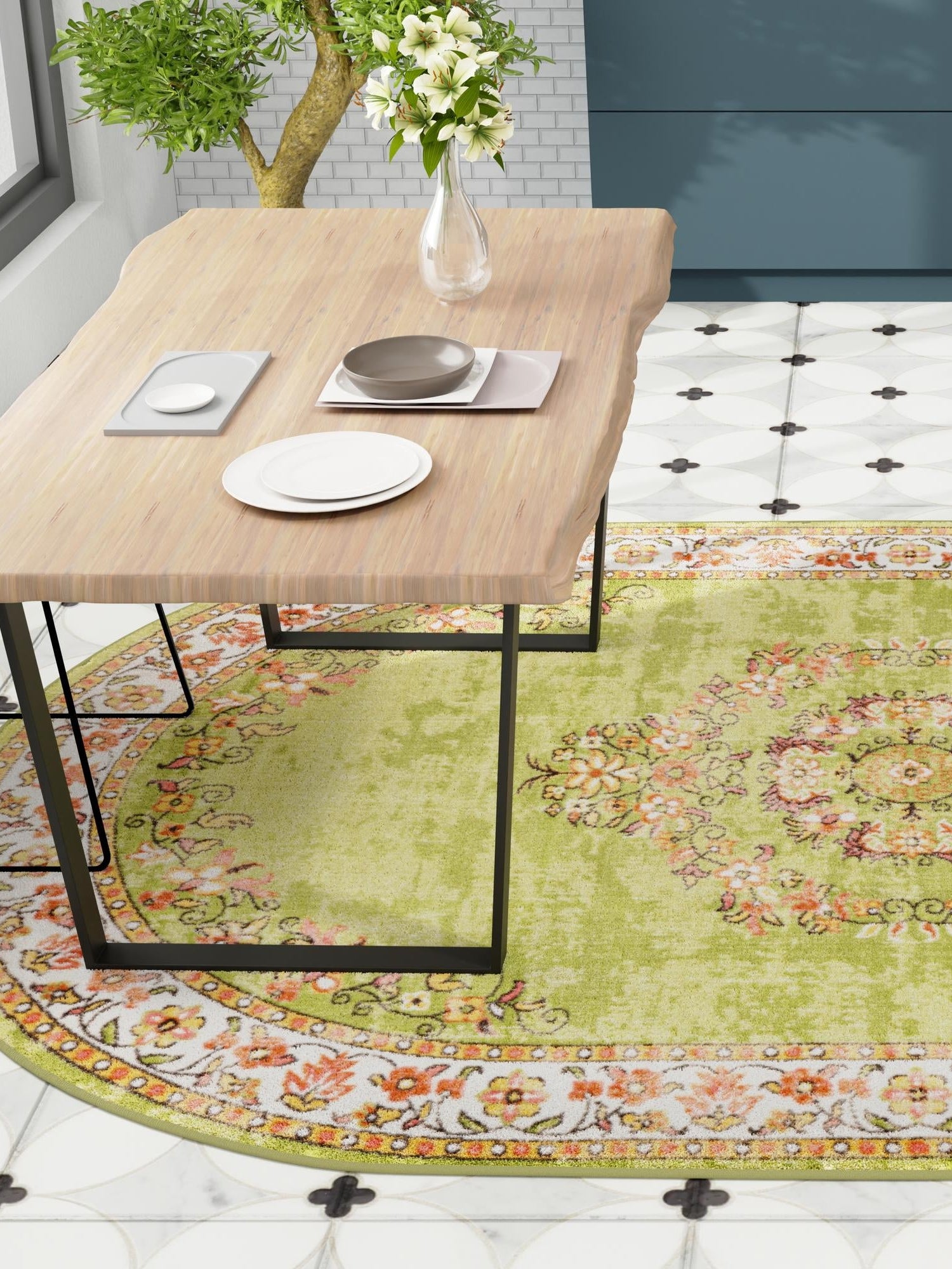 Green 5' 3 x 8' Lucerne Oval Area Rug 100% Polypropylene Traditional Classic Easy Clean Carpet for Kitchens, Living Rooms, Bedroom, Office for Sale at Rug Engine