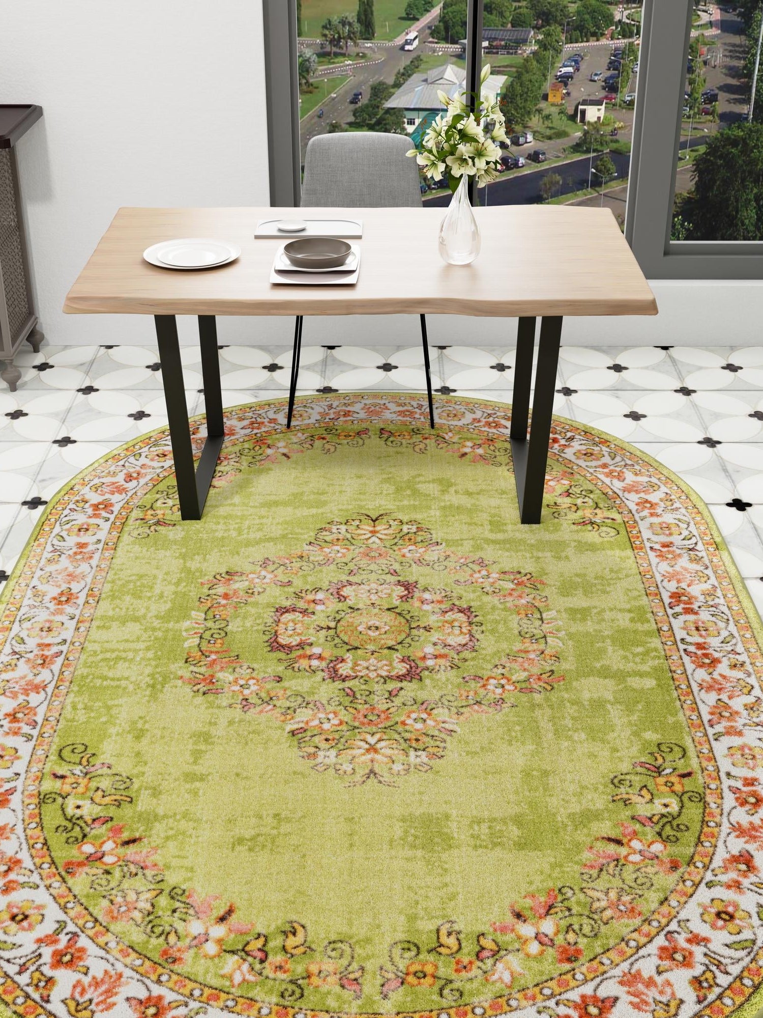 Green 5' 3 x 8' Lucerne Oval Area Rug 100% Polypropylene Traditional Classic Easy Clean Carpet for Kitchens, Living Rooms, Bedroom, Office for Sale at Rug Engine