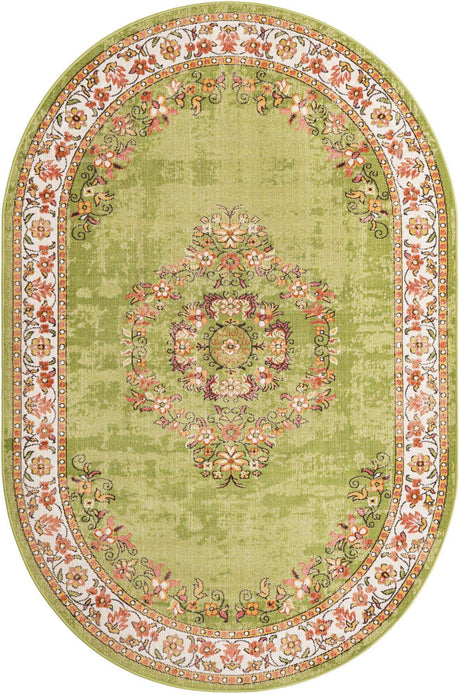 Green 5' 3 x 8' Lucerne Oval Area Rug 100% Polypropylene Traditional Classic Easy Clean Carpet for Kitchens, Living Rooms, Bedroom, Office for Sale at Rug Engine