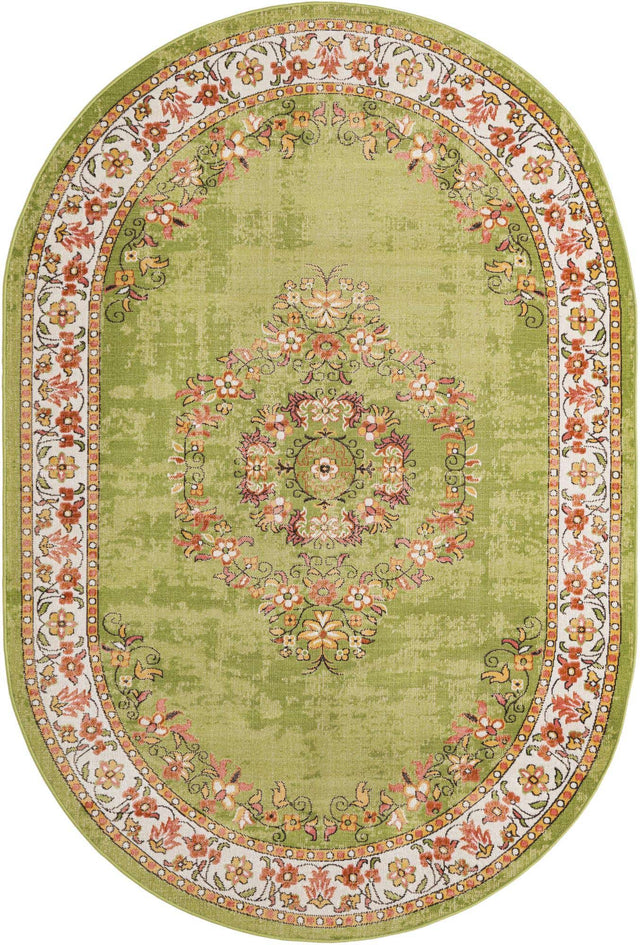 Green 6' 1 x 9' Lucerne Oval Area Rug 100% Polypropylene Traditional Classic Easy Clean Carpet for Kitchens, Living Rooms, Bedroom, Office for Sale at Rug Engine