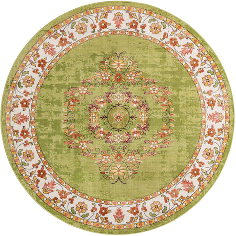 Green 7' 10 x 7' 10 Lucerne Round Area Rug 100% Polypropylene Traditional Classic Easy Clean Carpet for Kitchens, Living Rooms, Bedroom, Office for Sale at Rug Engine