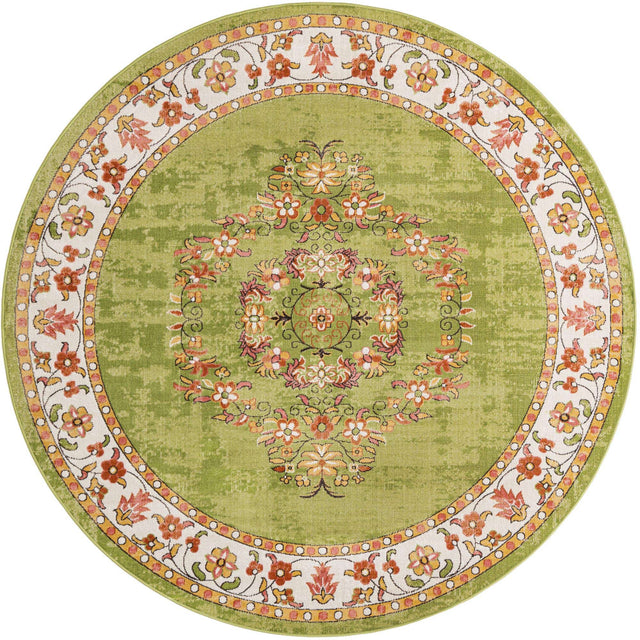 Green 7' 10 x 7' 10 Lucerne Round Area Rug 100% Polypropylene Traditional Classic Easy Clean Carpet for Kitchens, Living Rooms, Bedroom, Office for Sale at Rug Engine
