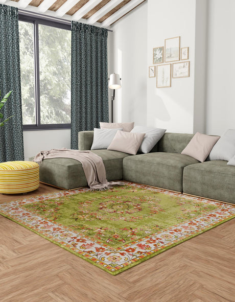 Green 7' 10 x 7' 10 Lucerne Square Area Rug 100% Polypropylene Traditional Classic Easy Clean Carpet for Kitchens, Living Rooms, Bedroom, Office for Sale at Rug Engine