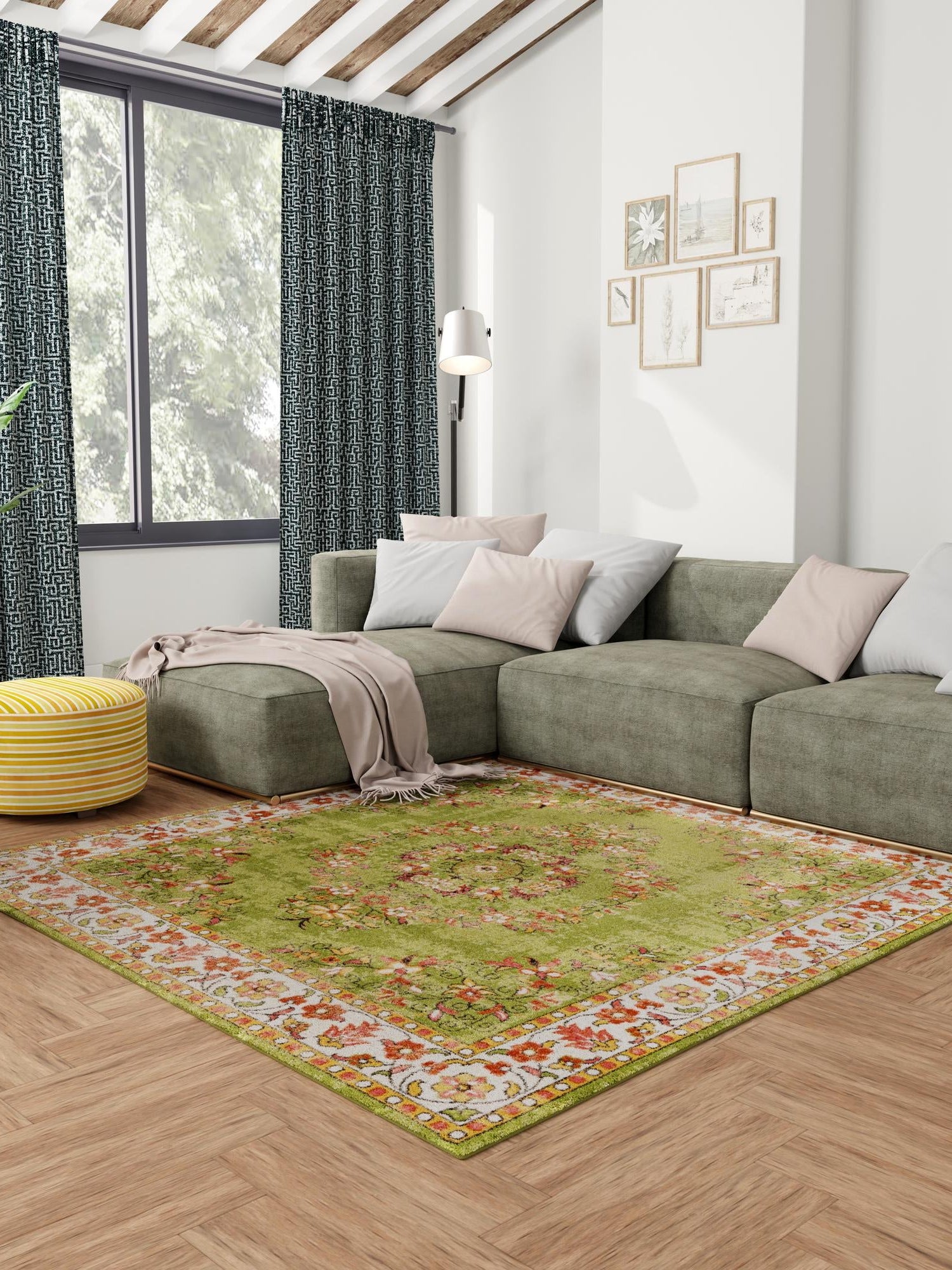 Green 6' 1 x 6' 1 Lucerne Square Area Rug 100% Polypropylene Traditional Classic Easy Clean Carpet for Kitchens, Living Rooms, Bedroom, Office for Sale at Rug Engine