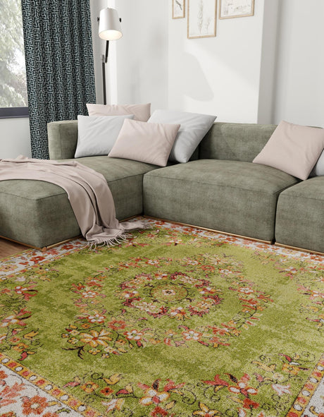 Green 7' 10 x 7' 10 Lucerne Square Area Rug 100% Polypropylene Traditional Classic Easy Clean Carpet for Kitchens, Living Rooms, Bedroom, Office for Sale at Rug Engine