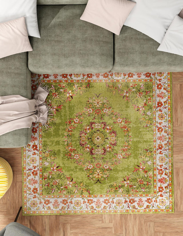 Green 7' 10 x 7' 10 Lucerne Square Area Rug 100% Polypropylene Traditional Classic Easy Clean Carpet for Kitchens, Living Rooms, Bedroom, Office for Sale at Rug Engine