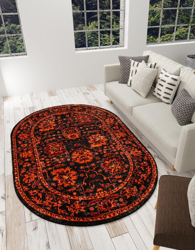 Black 6' 1 x 9' Lucerne Oval Area Rug 100% Polypropylene Traditional Classic Easy Clean Carpet for Kitchens, Living Rooms, Bedroom, Office for Sale at Rug Engine