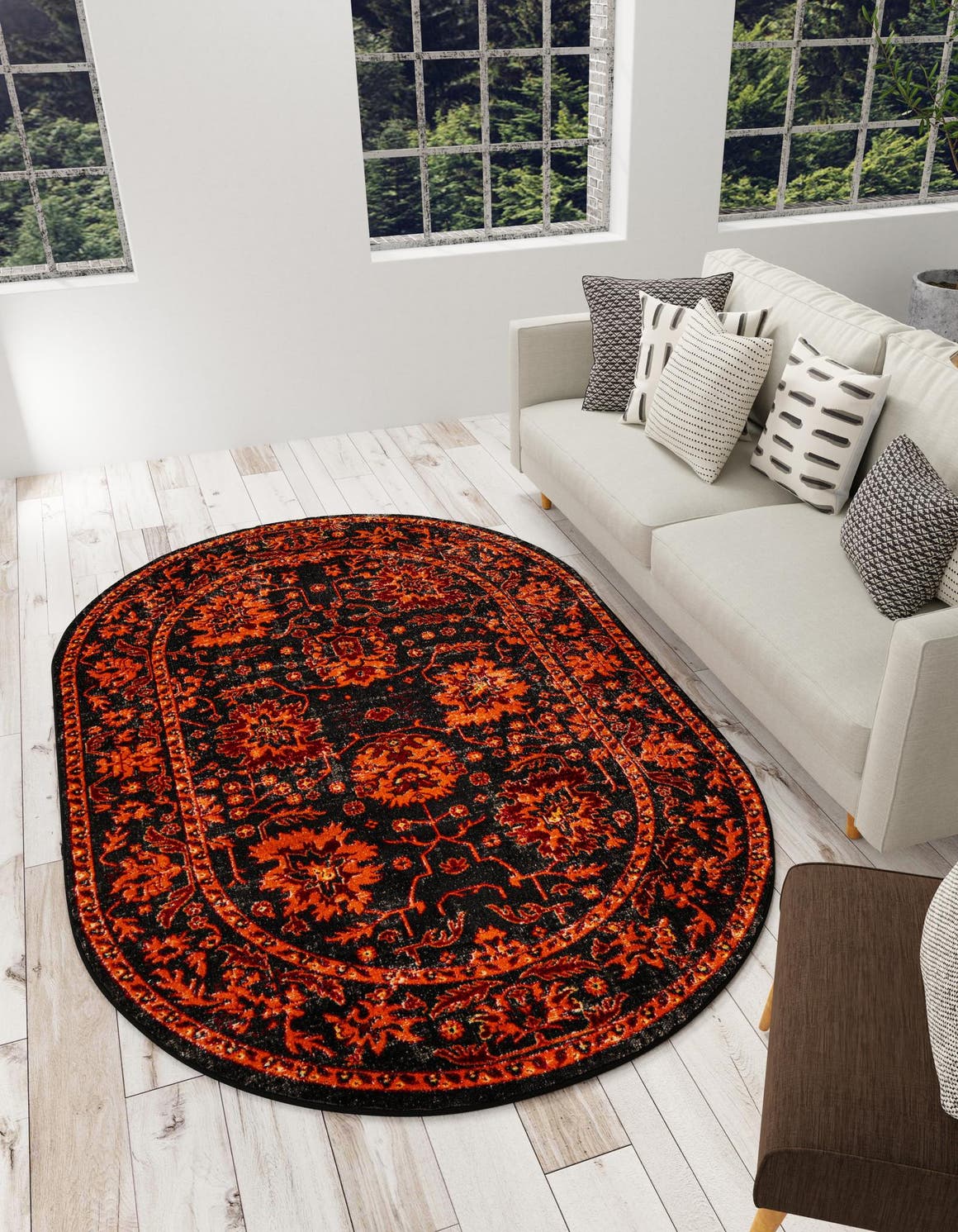 Black 5' 3 x 8' Lucerne Oval Area Rug 100% Polypropylene Traditional Classic Easy Clean Carpet for Kitchens, Living Rooms, Bedroom, Office for Sale at Rug Engine