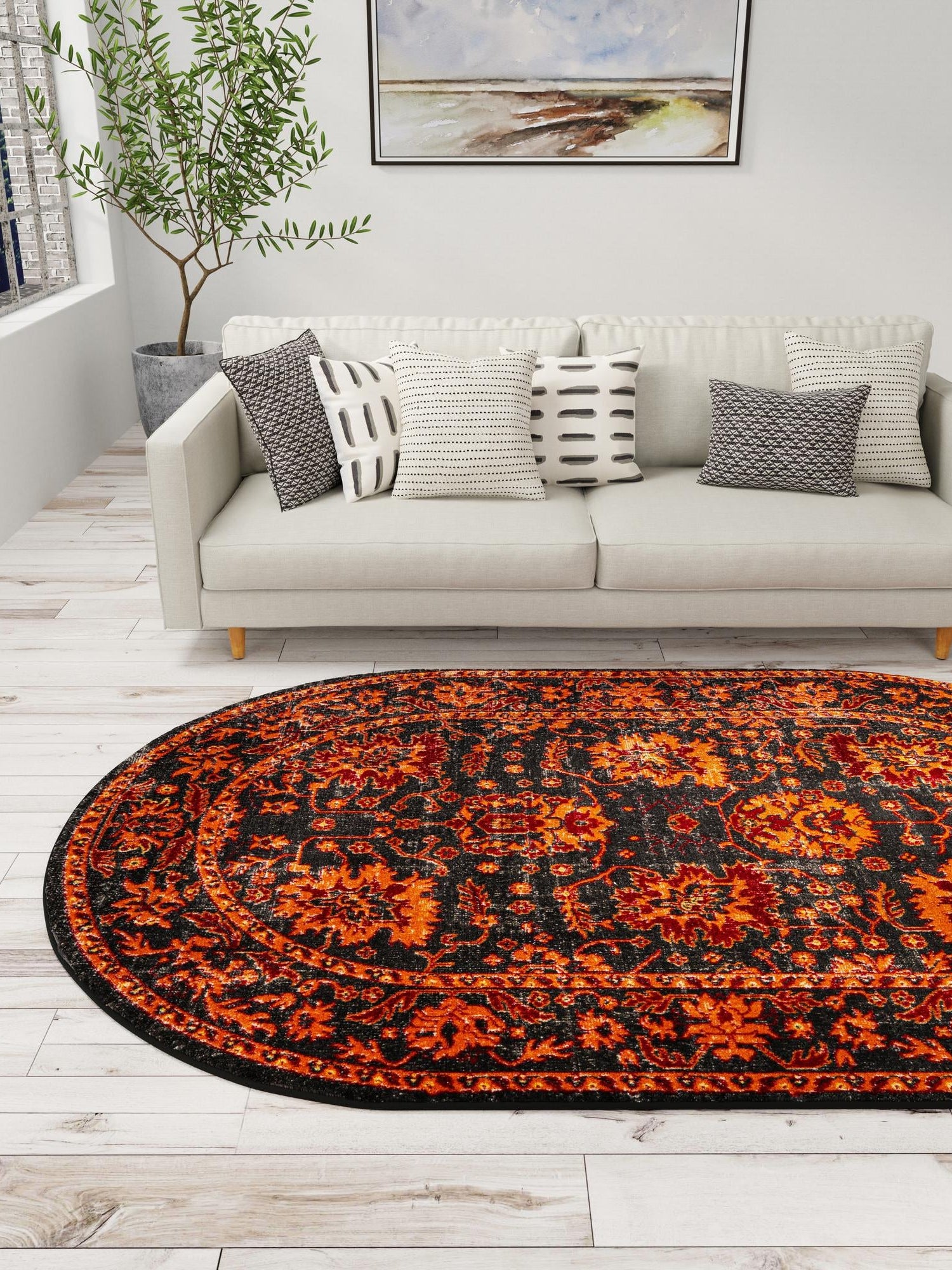 Black 6' 1 x 9' Lucerne Oval Area Rug 100% Polypropylene Traditional Classic Easy Clean Carpet for Kitchens, Living Rooms, Bedroom, Office for Sale at Rug Engine