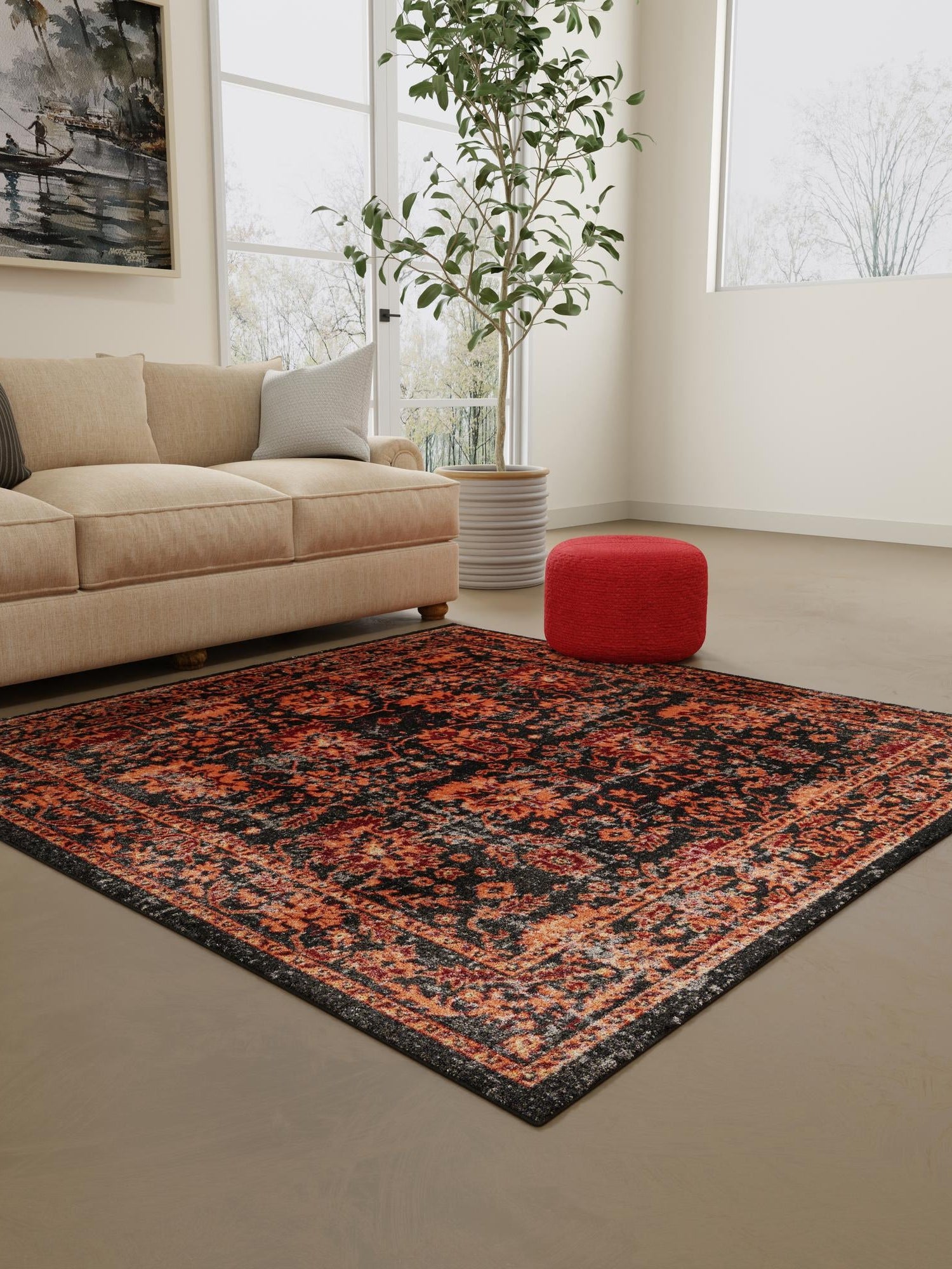 Black 7' 10 x 7' 10 Lucerne Square Area Rug 100% Polypropylene Traditional Classic Easy Clean Carpet for Kitchens, Living Rooms, Bedroom, Office for Sale at Rug Engine