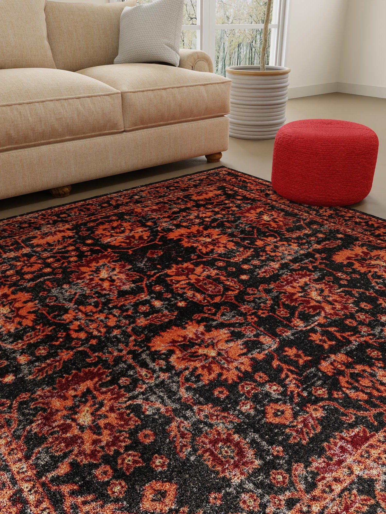 Black 7' 10 x 7' 10 Lucerne Square Area Rug 100% Polypropylene Traditional Classic Easy Clean Carpet for Kitchens, Living Rooms, Bedroom, Office for Sale at Rug Engine