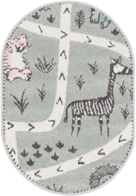 Gray 2' 2 x 3' 1 Whimsy Kids Oval Area Rug for Baby Nursery, Toddler Playroom, Bedrooms