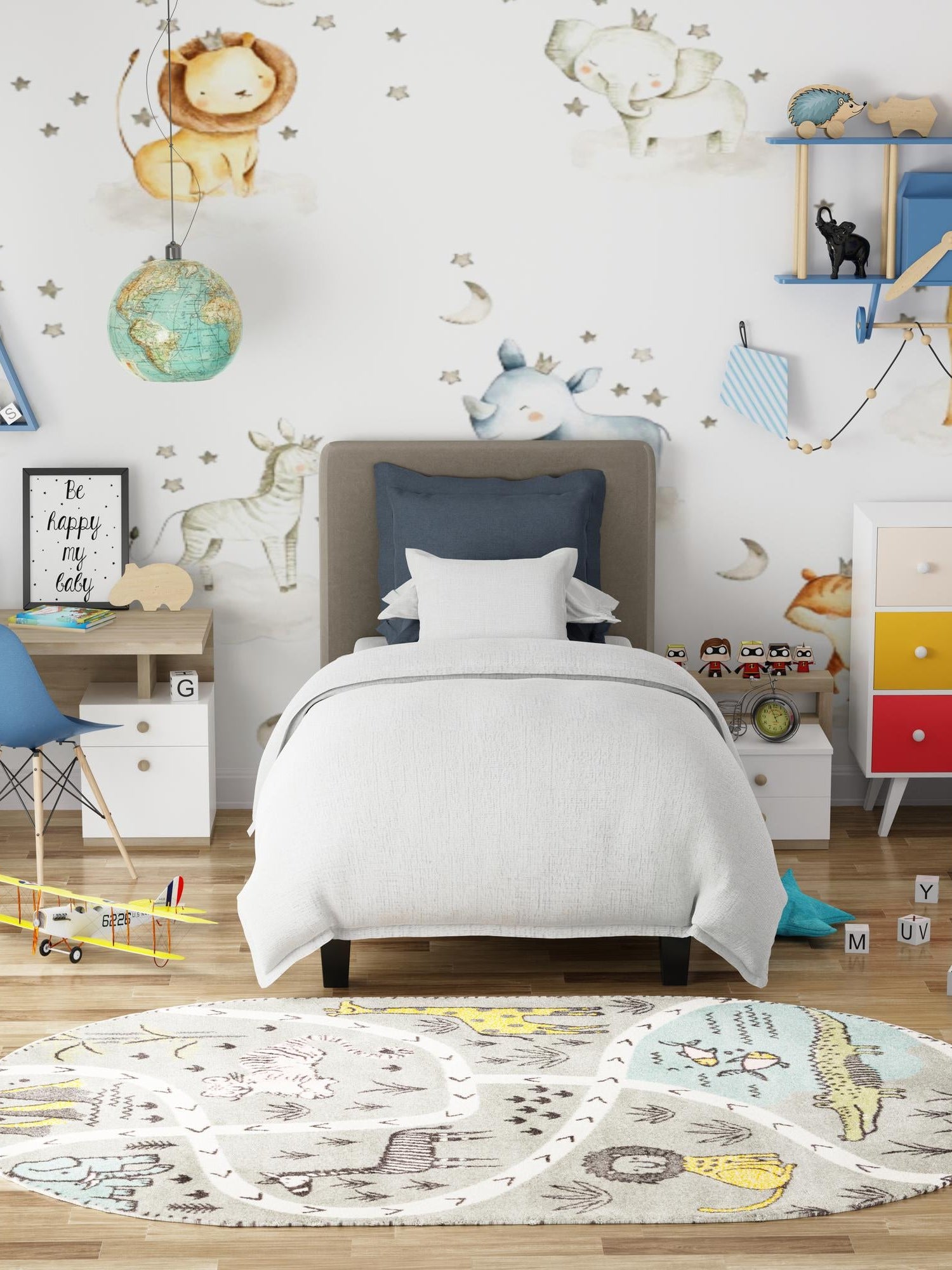 Gray 5' 3 x 8' Whimsy Kids Oval Area Rug for Baby Nursery, Toddler Playroom, Bedrooms