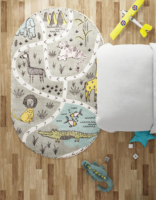 Gray 5' 3 x 8' Whimsy Kids Oval Rug
