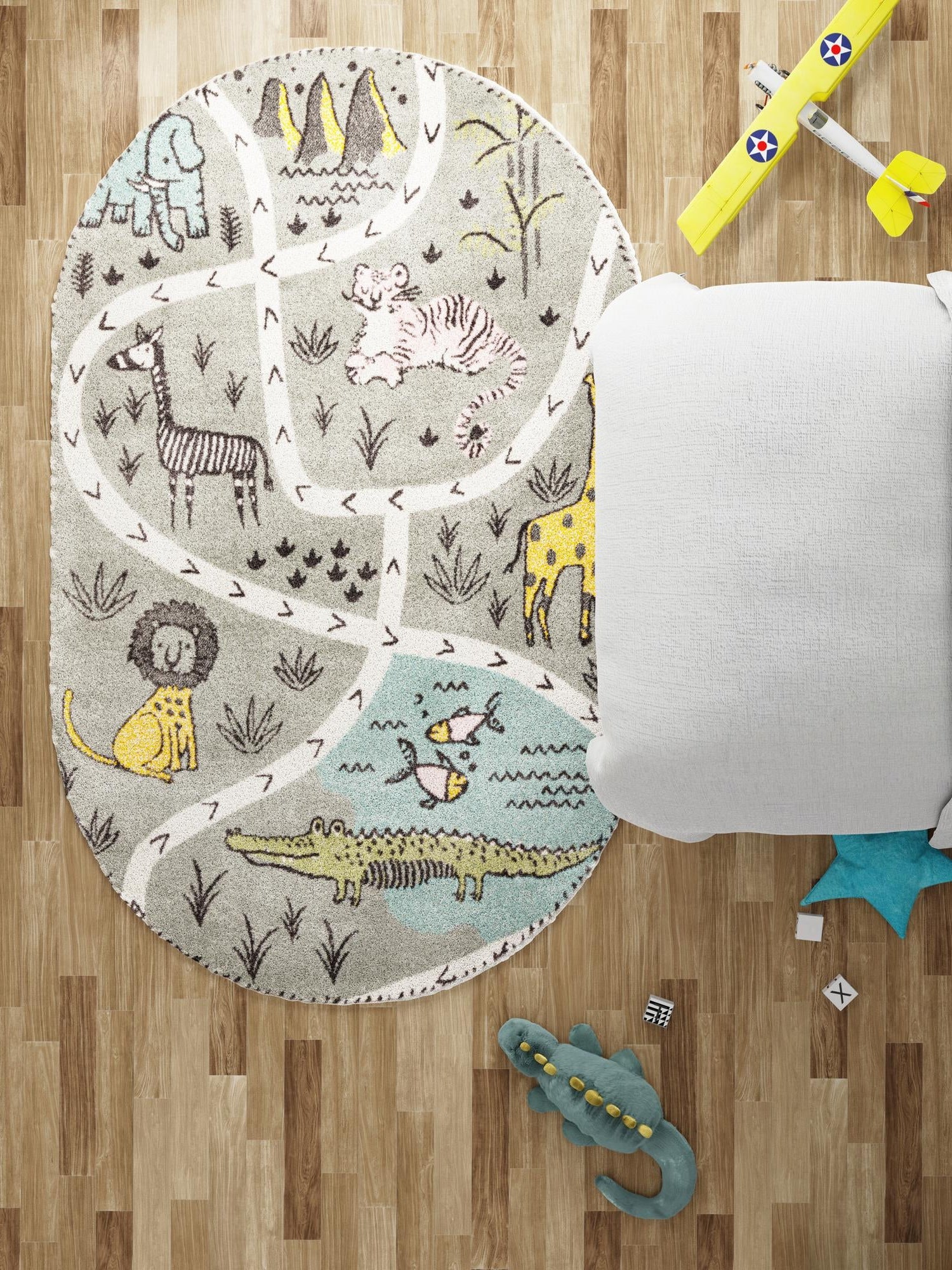 Gray 3' 3 x 5' 3 Whimsy Kids Oval Area Rug for Baby Nursery, Toddler Playroom, Bedrooms