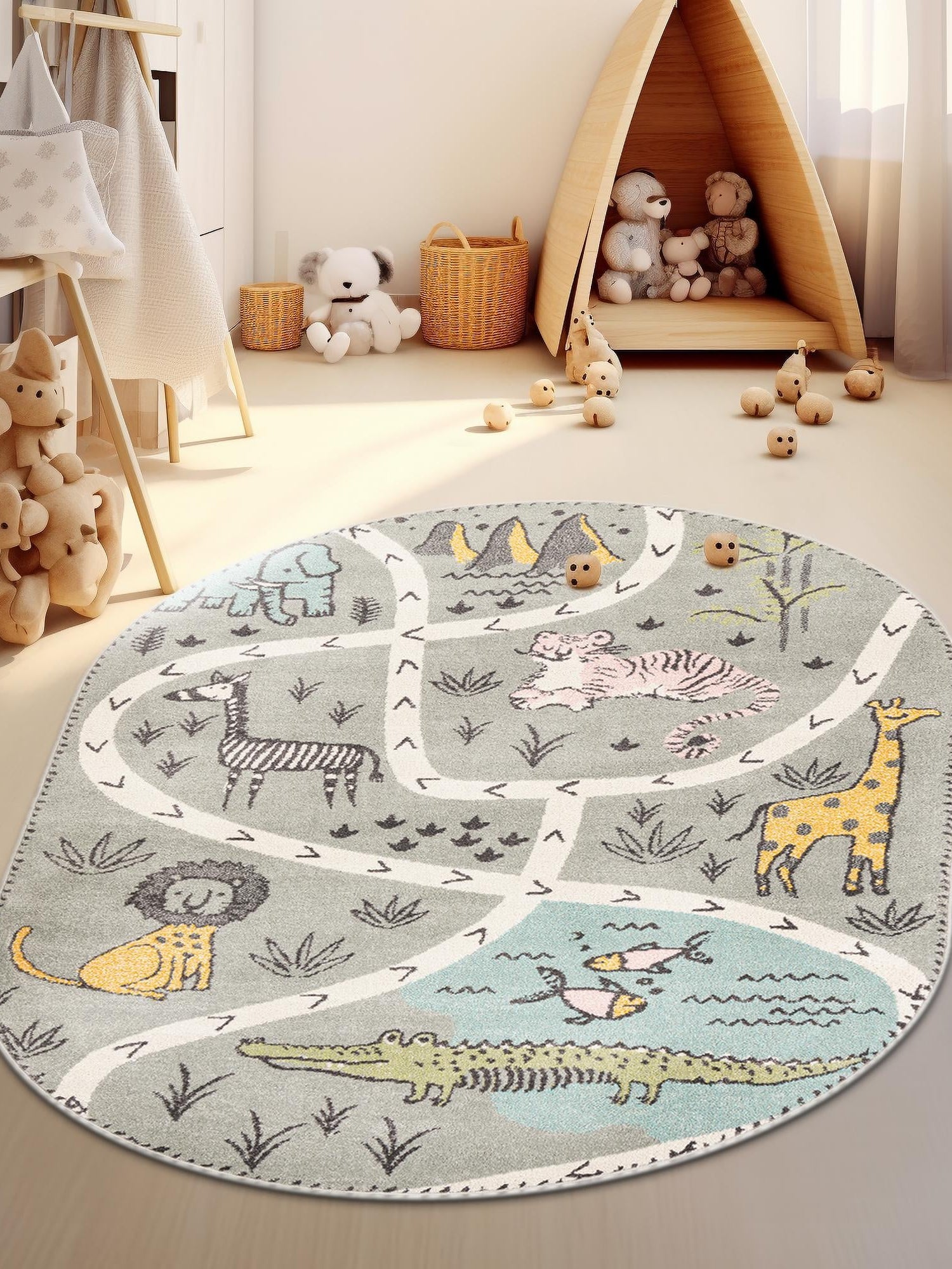 Gray 3' 3 x 5' 3 Whimsy Kids Oval Area Rug for Baby Nursery, Toddler Playroom, Bedrooms
