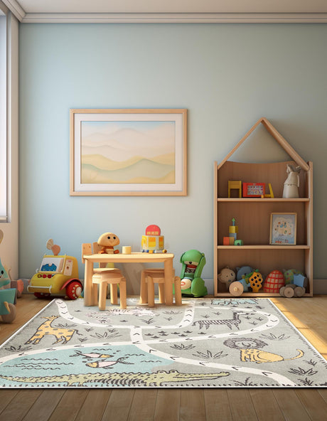 Gray 7' 10 x 7' 10 Whimsy Kids Square Area Rug for Baby Nursery, Toddler Playroom,  Bedrooms Playful Fun Design Easy Clean Carpet for Sale at Rug Engine