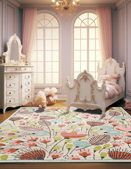 Ivory 7' 10 x 7' 10 Whimsy Kids Square Area Rug for Baby Nursery, Toddler Playroom,  Bedrooms Playful Fun Design Easy Clean Carpet for Sale at Rug Engine