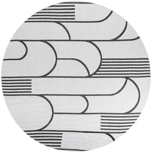 White and Black 10' x 10' Outdoor Modern Round Area Rug Weather Resistant for Patio, Deck, Terrace, Balcony, Porch 100% Polypropylene Modern Outside Carpet for Sale at Rug Engine