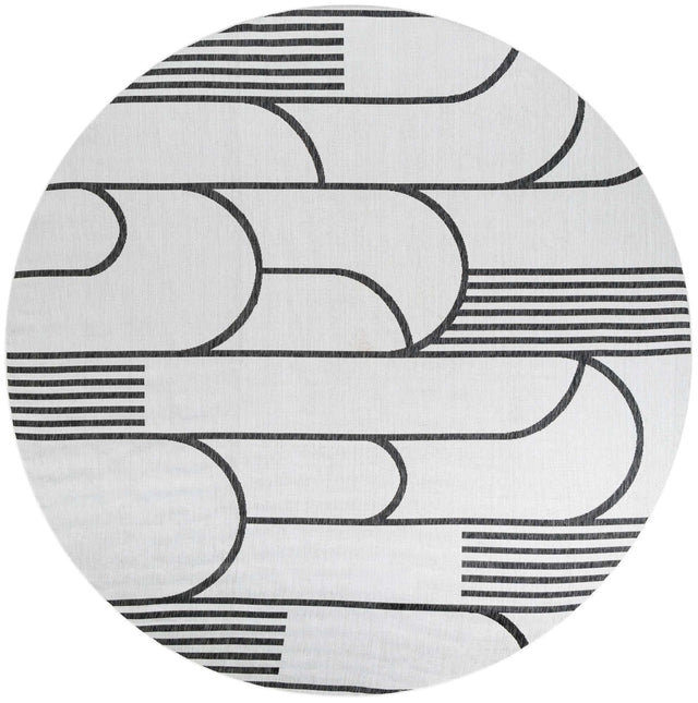 White and Black 10' x 10' Outdoor Modern Round Area Rug Weather Resistant for Patio, Deck, Terrace, Balcony, Porch 100% Polypropylene Modern Outside Carpet for Sale at Rug Engine