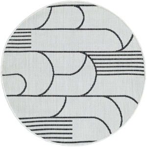 White and Black 3' 1 x 3' 1 Outdoor Modern Round Area Rug Weather Resistant for Patio, Deck, Terrace, Balcony, Porch 100% Polypropylene Modern Outside Carpet for Sale at Rug Engine