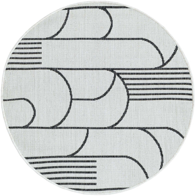 White and Black 3' 1 x 3' 1 Outdoor Modern Round Area Rug Weather Resistant for Patio, Deck, Terrace, Balcony, Porch 100% Polypropylene Modern Outside Carpet for Sale at Rug Engine