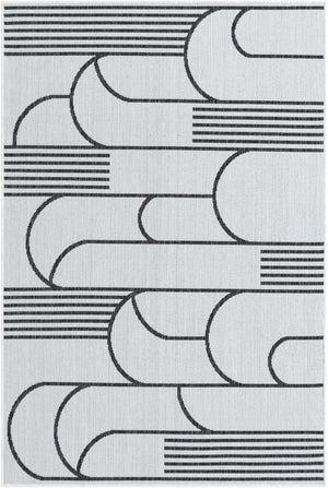 White and Black 4' 1 x 6' 1 Outdoor Modern Rectangle Area Rug Weather Resistant for Patio, Deck, Terrace, Balcony, Porch 100% Polypropylene Modern Outside Carpet for Sale at Rug Engine