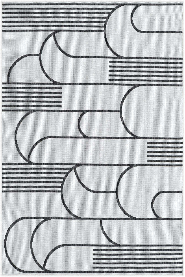 White and Black 4' 1 x 6' 1 Outdoor Modern Rectangle Area Rug Weather Resistant for Patio, Deck, Terrace, Balcony, Porch 100% Polypropylene Modern Outside Carpet for Sale at Rug Engine