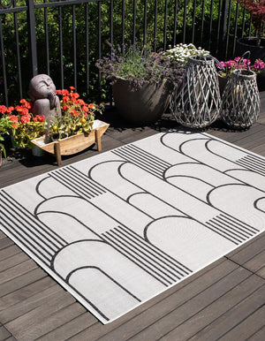 White and Black 9' x 12' Outdoor Modern Rectangle Area Rug Weather Resistant for Patio, Deck, Terrace, Balcony, Porch 100% Polypropylene Modern Outside Carpet for Sale at Rug Engine
