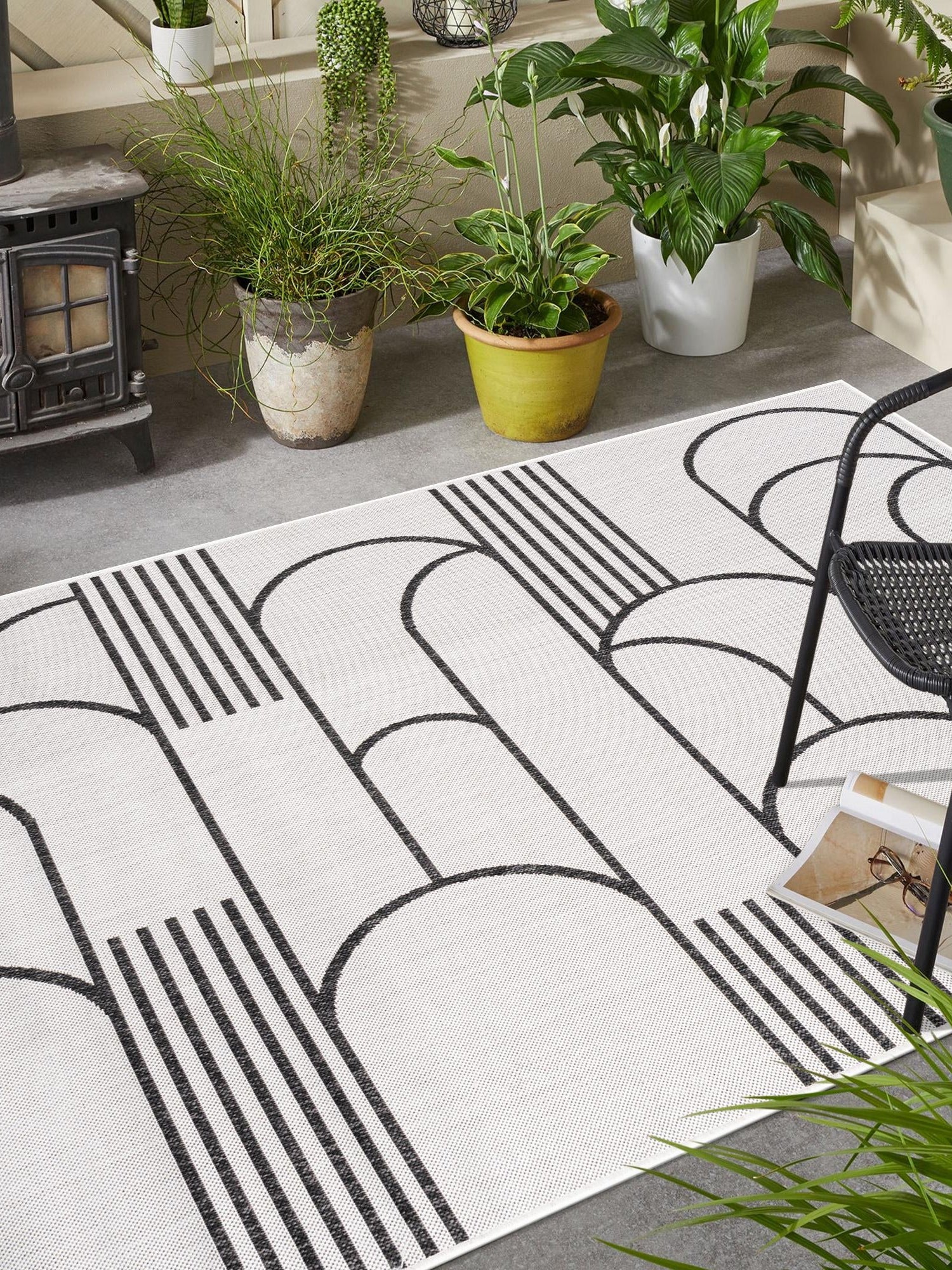 White and Black 6' 1 x 9' Outdoor Modern Rectangle Area Rug Weather Resistant for Patio, Deck, Terrace, Balcony, Porch 100% Polypropylene Modern Outside Carpet for Sale at Rug Engine