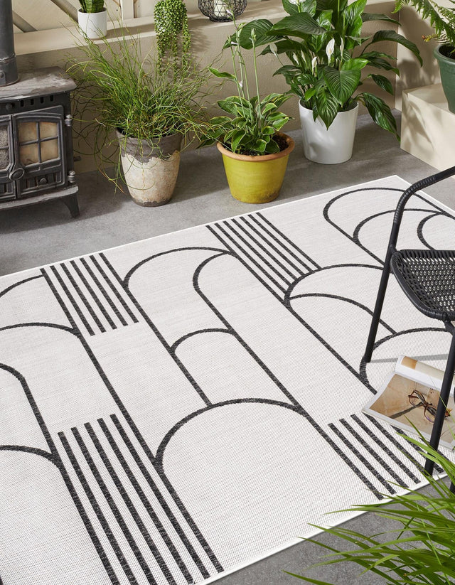 White and Black 6' 1 x 9' Outdoor Modern Rectangle Area Rug Weather Resistant for Patio, Deck, Terrace, Balcony, Porch 100% Polypropylene Modern Outside Carpet for Sale at Rug Engine