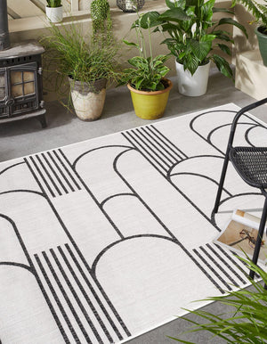 White and Black 9' x 12' Outdoor Modern Rectangle Area Rug Weather Resistant for Patio, Deck, Terrace, Balcony, Porch 100% Polypropylene Modern Outside Carpet for Sale at Rug Engine