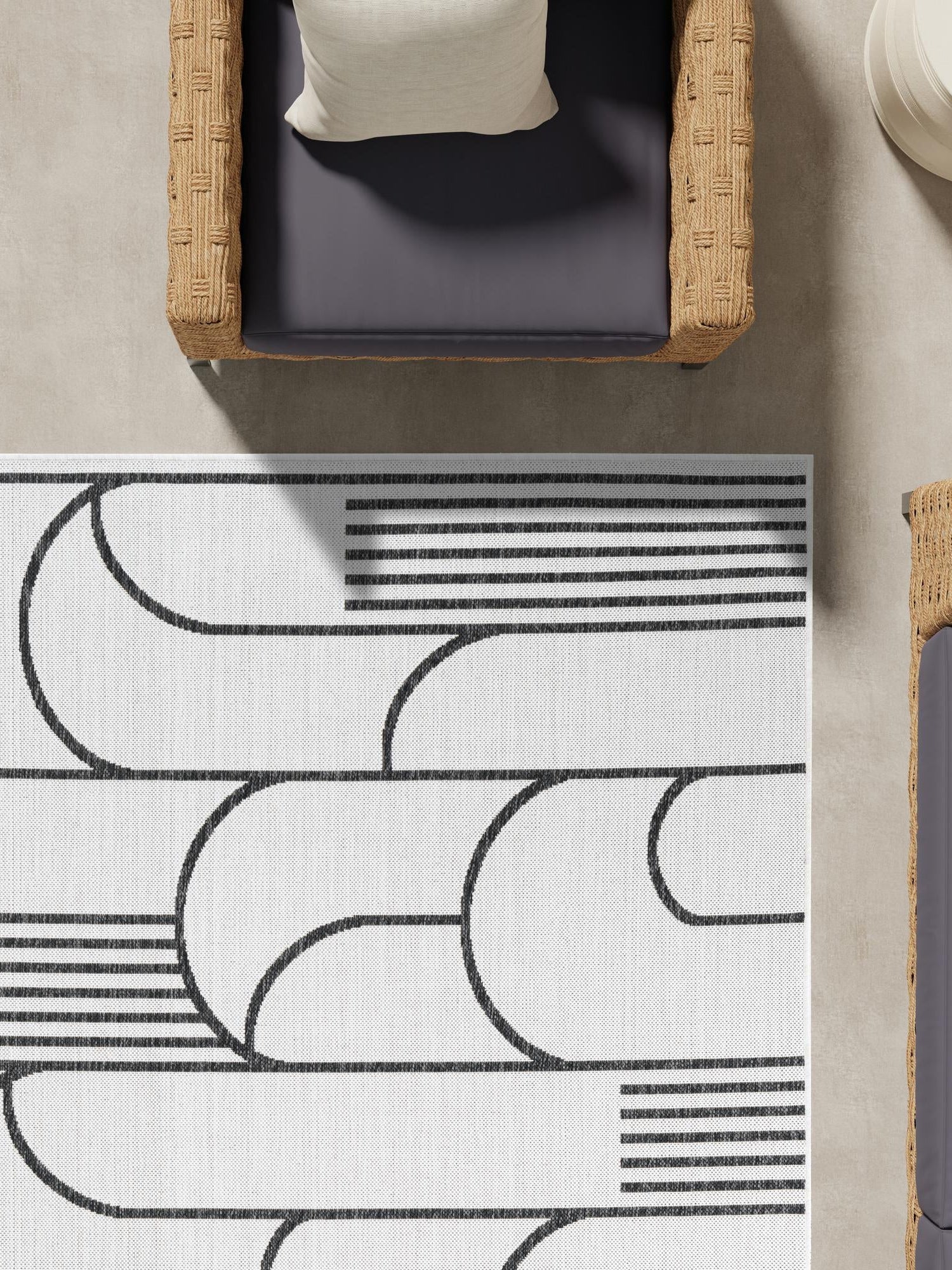 White and Black 5' 3 x 8' Outdoor Modern Rectangle Area Rug Weather Resistant for Patio, Deck, Terrace, Balcony, Porch 100% Polypropylene Modern Outside Carpet for Sale at Rug Engine