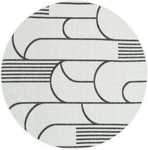 White and Black 6' 1 x 6' 1 Outdoor Modern Round Area Rug Weather Resistant for Patio, Deck, Terrace, Balcony, Porch 100% Polypropylene Modern Outside Carpet for Sale at Rug Engine