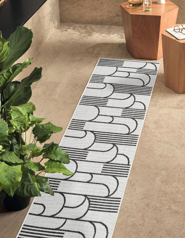 White and Black 2' x 8' Outdoor Modern Runner Area Rug Weather Resistant for Patio, Deck, Terrace, Balcony, Porch 100% Polypropylene Modern Outside Carpet for Sale at Rug Engine