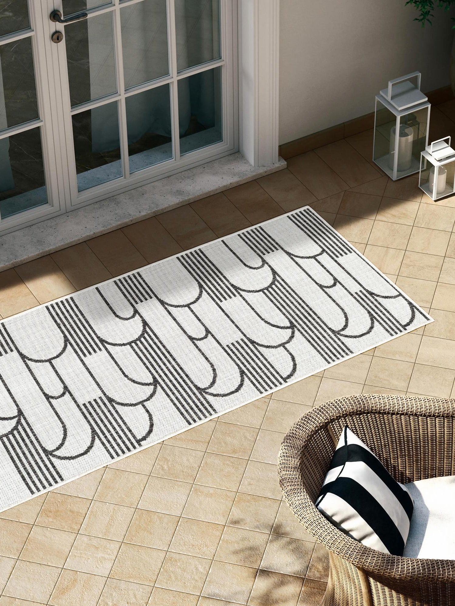 White and Black 2' x 5' 3 Outdoor Modern Runner Area Rug Weather Resistant for Patio, Deck, Terrace, Balcony, Porch 100% Polypropylene Modern Outside Carpet for Sale at Rug Engine