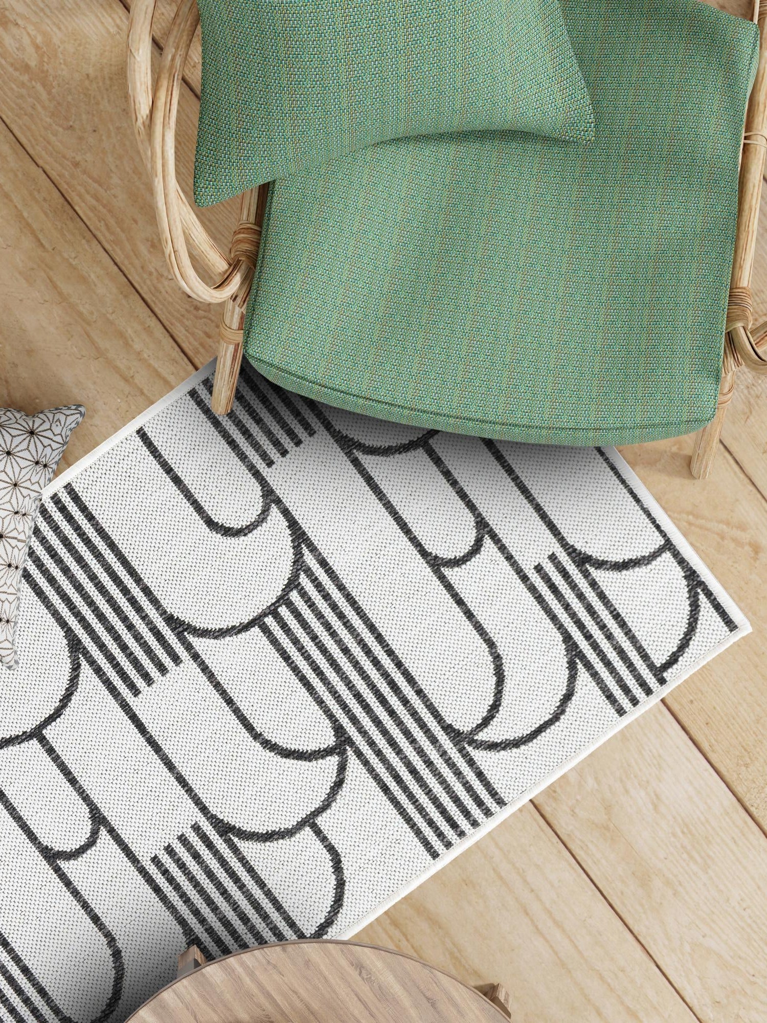 White and Black 2' x 5' 3 Outdoor Modern Runner Area Rug Weather Resistant for Patio, Deck, Terrace, Balcony, Porch 100% Polypropylene Modern Outside Carpet for Sale at Rug Engine