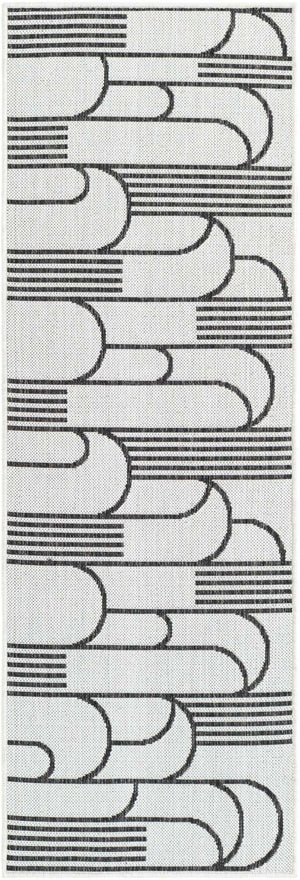 White and Black 2' x 6' 1 Outdoor Modern Runner Area Rug Weather Resistant for Patio, Deck, Terrace, Balcony, Porch 100% Polypropylene Modern Outside Carpet for Sale at Rug Engine