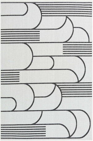 White and Black 6' 1 x 9' Outdoor Modern Rectangle Area Rug Weather Resistant for Patio, Deck, Terrace, Balcony, Porch 100% Polypropylene Modern Outside Carpet for Sale at Rug Engine